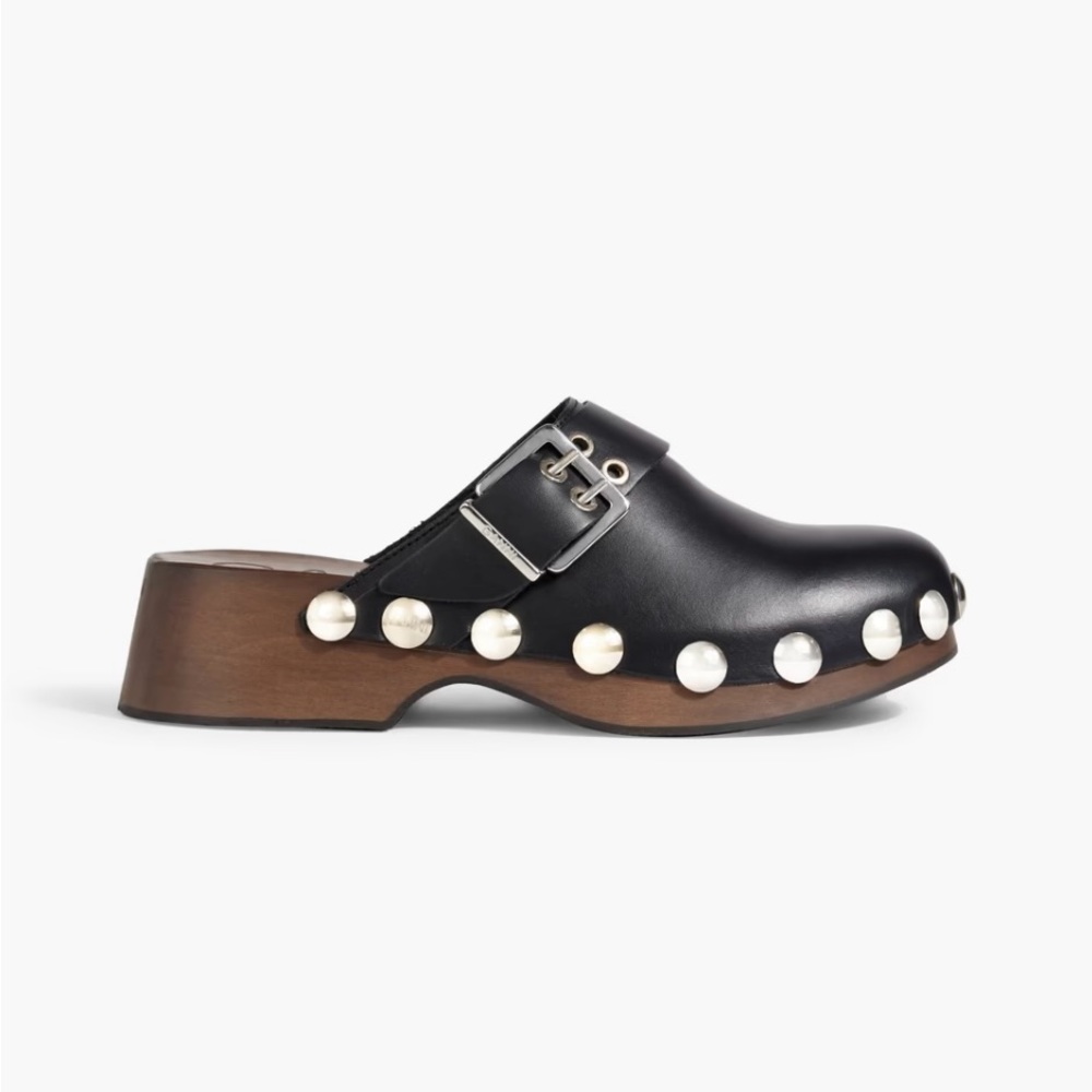 Ganni Studded Buckled Black Leather Mule Clogs
